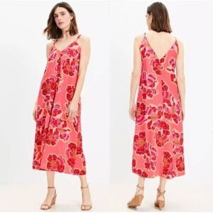 LOFT Textured Linen Blend Maxi Dress Floral Print Strappy Casual Sundress Size 4